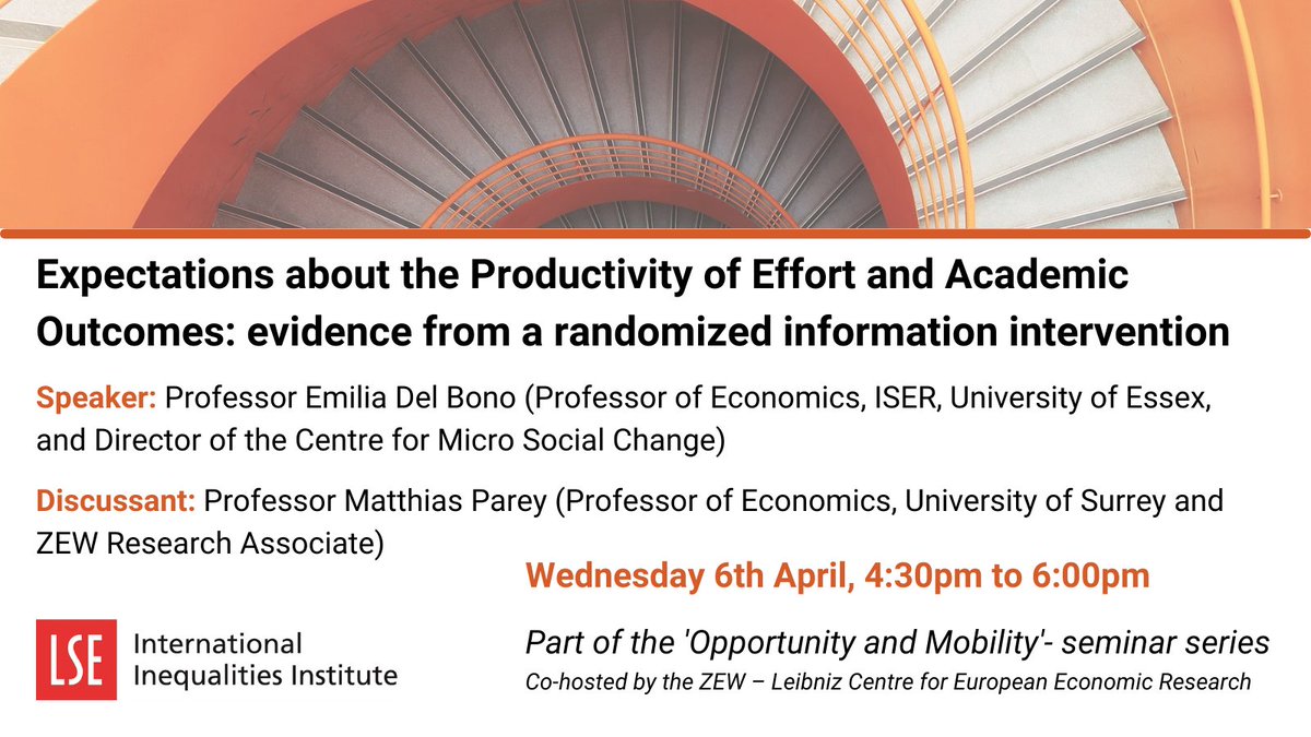 LSE Inequalities (@lseinequalities) on Twitter photo 📢Join us on Wednesday for the next event in the Opportunity and Mobility Seminar Series, co-hosted by <a href="/ZEW/">ZEW</a>!
🗣️<a href="/delbono_emilia/">Emilia Del Bono</a> (<a href="/ESRC/">Economic and Social Research Council</a>, <a href="/iseressex/">ISER</a>) and <a href="/matthiasparey/">Matthias Parey</a> (<a href="/economicssurrey/">Economics at Surrey</a>, <a href="/ZEW/">ZEW</a>)
Chaired by <a href="/GNeidhofer/">Guido Neidhöfer</a> (<a href="/ZEW/">ZEW</a>)
✏️Join us on Wednesday: bit.ly/3K6oGle 📢Join us on Wednesday for the next event in the Opportunity and Mobility Seminar Series, co-hosted by <a href="/ZEW/">ZEW</a>!
🗣️<a href="/delbono_emilia/">Emilia Del Bono</a> (<a href="/ESRC/">Economic and Social Research Council</a>, <a href="/iseressex/">ISER</a>) and <a href="/matthiasparey/">Matthias Parey</a> (<a href="/economicssurrey/">Economics at Surrey</a>, <a href="/ZEW/">ZEW</a>)
Chaired by <a href="/GNeidhofer/">Guido Neidhöfer</a> (<a href="/ZEW/">ZEW</a>)
✏️Join us on Wednesday: bit.ly/3K6oGle