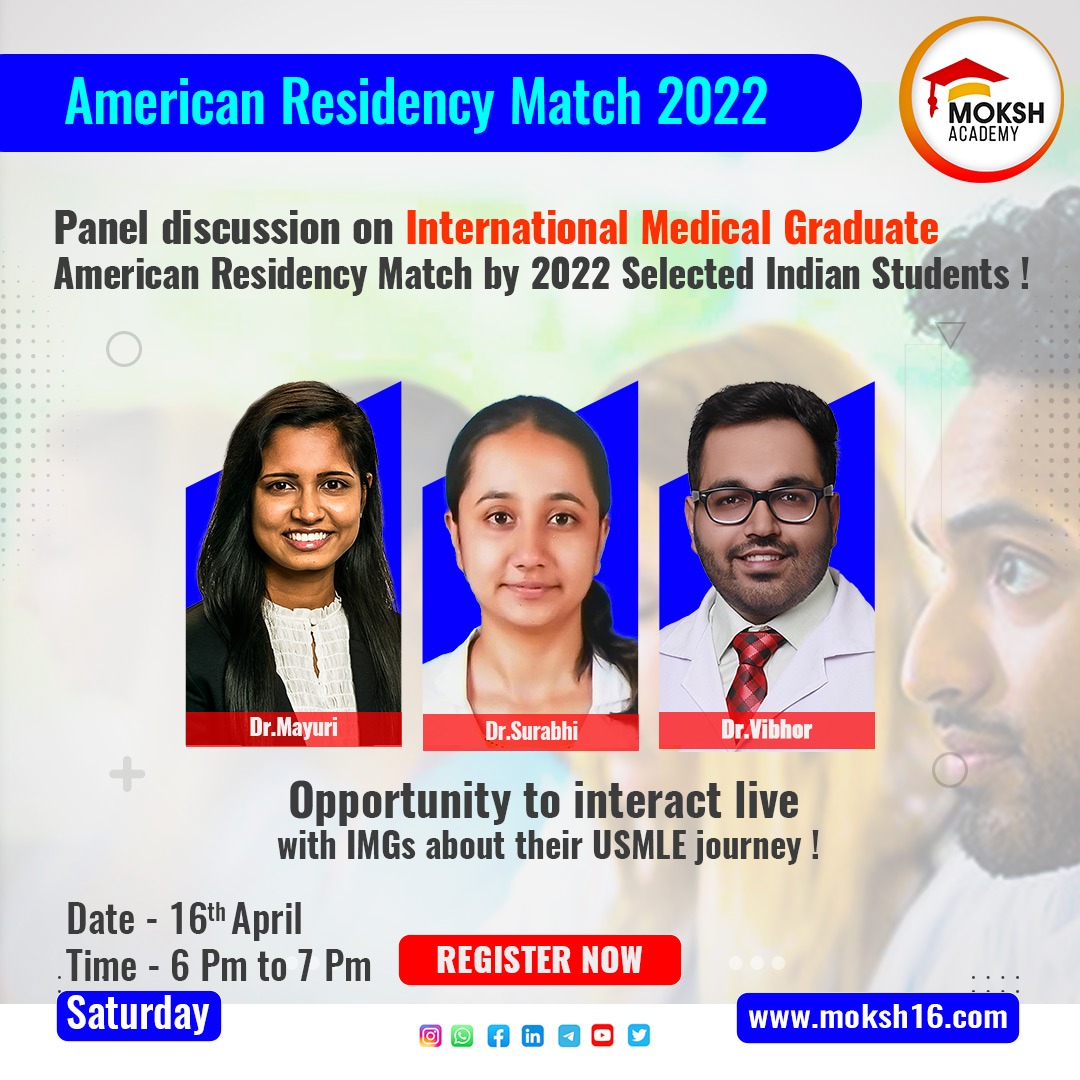 CoachingMoksh's tweet photo. American Residency Match 2022✨
Join us for panel discussion on IMGs for American Residency Match 2022 of selected Indian students!
Date: 16th April 2022
Time: 6pm to 7pm
#usmle #residencymatch #usmletrainers #match2022 #step2ck #usmleprep #residencytraining #imgs #usmletraining https://t.co/30ccHmHtE3