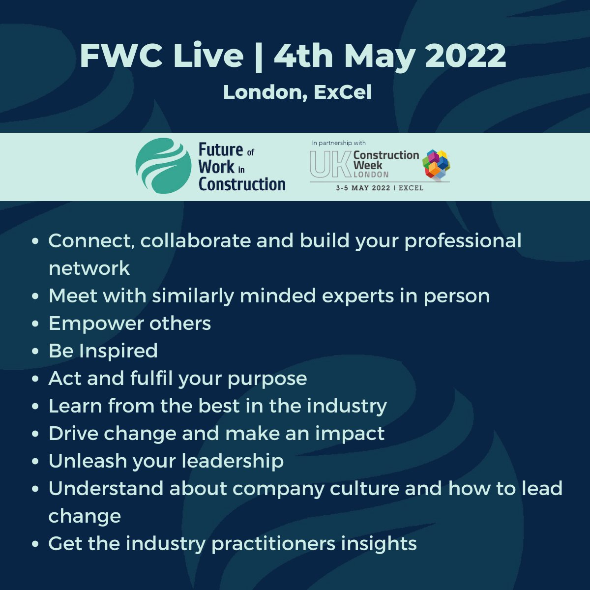 The <a href="/FWC2gether/">Future of Work in Construction</a> Live Forum is co-located with UKCW London 2022.

The Forum will cover construction's challenges &amp; opportunities. Connect with companies, share knowledge &amp; network. Learn to use the latest approaches &amp; technologies.

Get your ticket | bit.ly/3iYTloR