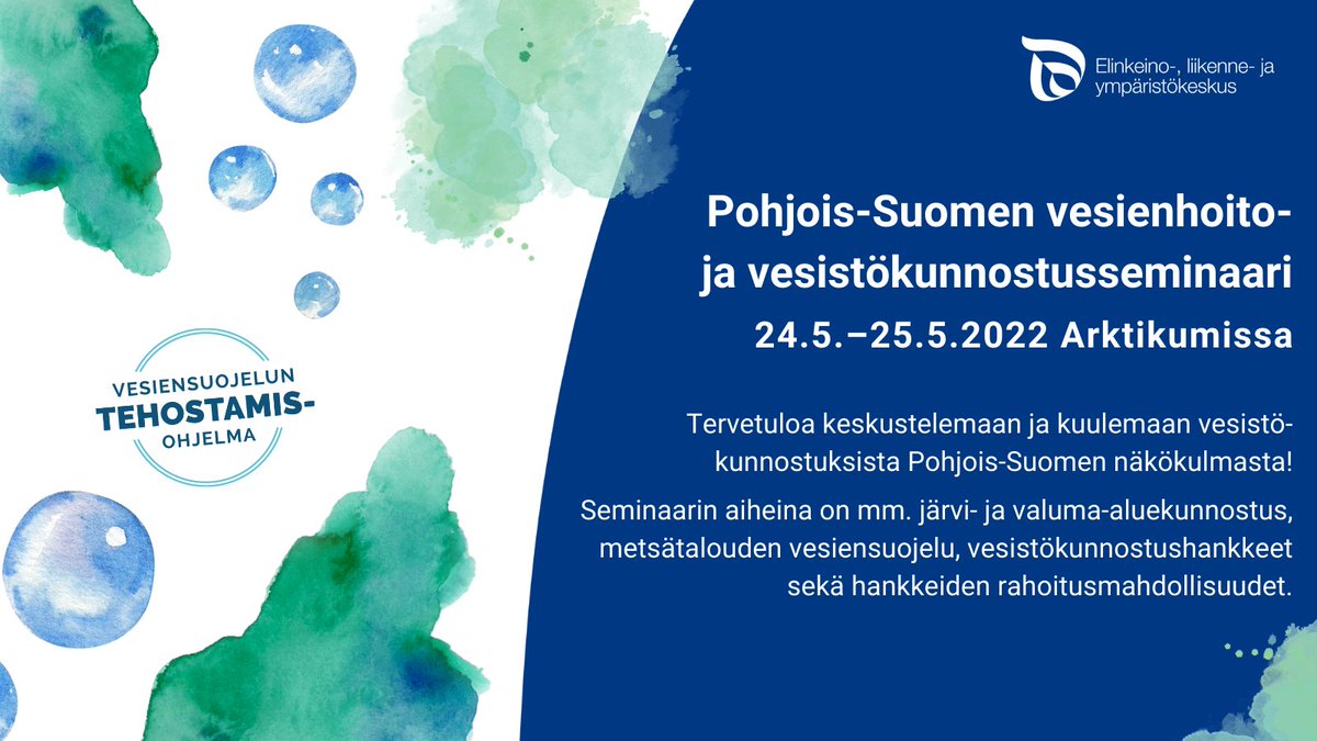 Mitä voimme tehdä vesistöjemme hyväksi? Entä miten vesienhoitoon voi saada tukea?💧Tervetuloa keskustelemaan ja kuulemaan vesistöistä Pohjois-Suomen vesienhoito- ja vesistökunnostusseminaariin! Lue lisää ja ilmoittaudu kehaemail.sst.fi/messages/view/… #ELYkeskus <a href="/POPELYkeskus/">PohjoisPohjanmaanELY</a> <a href="/KainuunELY/">Kainuun ELY-keskus</a>