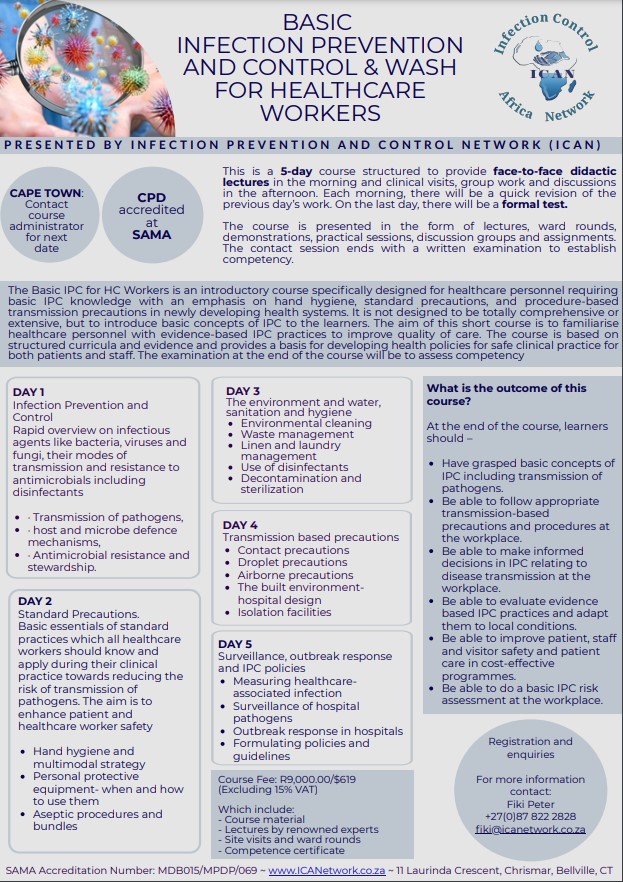 ICAfricaNetwork's tweet photo. Basic Infection Prevention and Control for Healthcare Workers
Course date: 23-27 May 2022
Registration Closing Date: 6 May 2022
Contact Fikiswa: fiki@icanetwork.co.za
Office number: 087 822 2828
Registration link: https://t.co/V6KMrazGgj https://t.co/V12WXgXt03