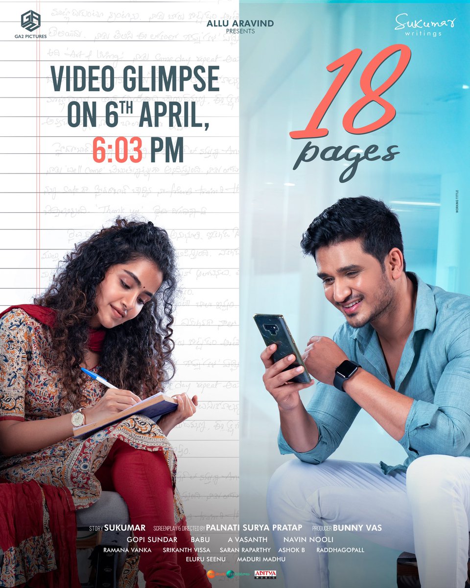 There's more beautiful life beyond the touch of a screen.📱📝 #18Pages Video Glimpse out on April 6th @ 6:03 PM! #AlluAravind @aryasukku @actor_Nikhil @anupamahere @dirsuryapratap #BunnyVas @GopiSundarOffl @lightsmith83 @NavinNooli @raparthysaran @SukumarWritings @GA2Official