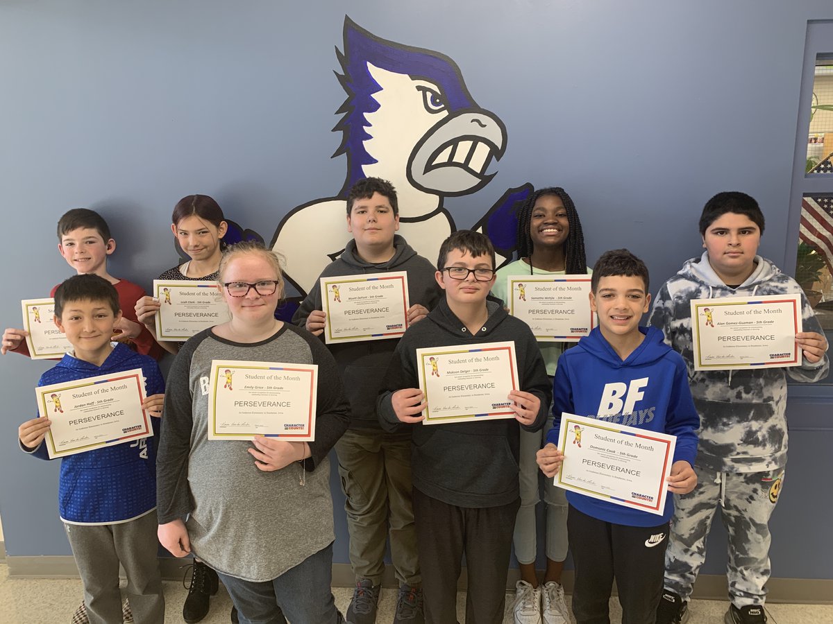 PbisAnderson's tweet photo. Congratulations to this SPECTACULAR group of 5th-grade students. They were selected as the Anderson Elementary Students of the Month for March for showing PERSEVERANCE. #BondurantsBEST https://t.co/Vr8aJU461u