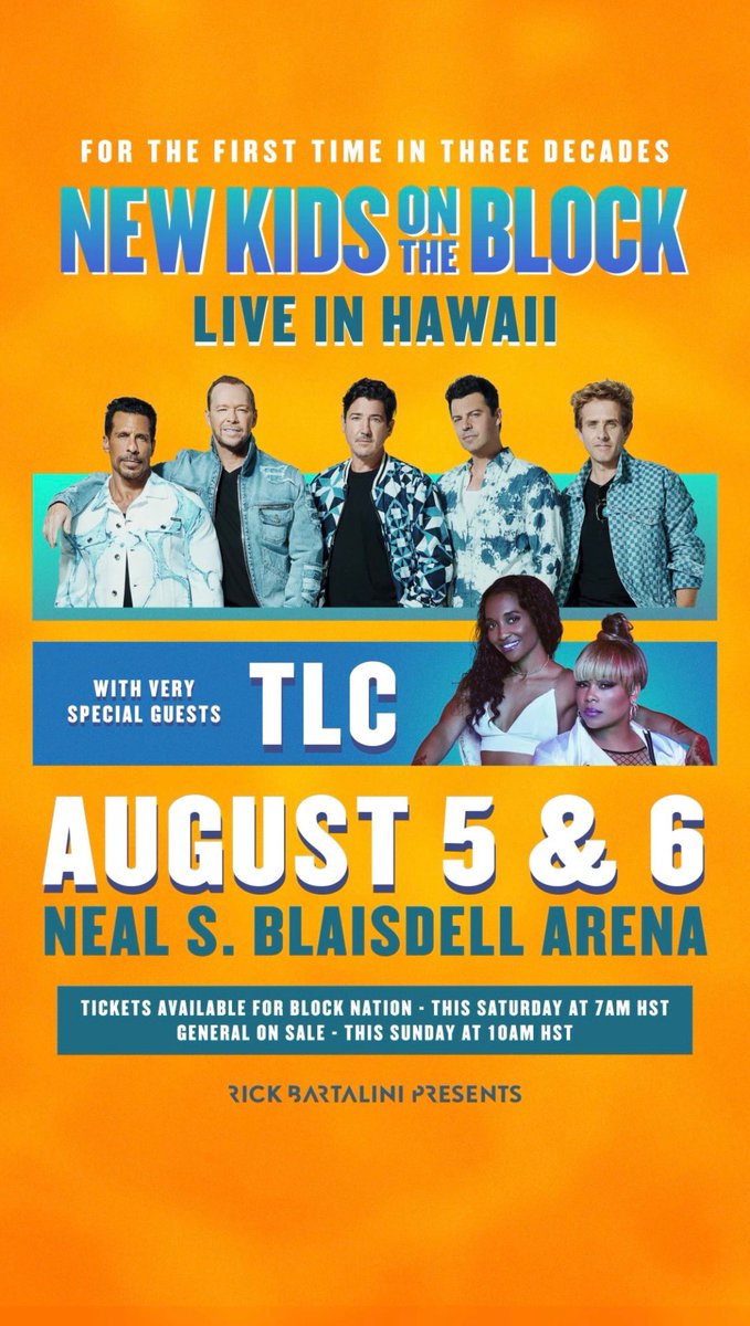NKOTB's tweet photo. Hawai’i! For the first time since 1991, we’re taking the block party to the beach for TWO nights.
Pre-sale for Block Nation and Hawai’i residents starts this Saturday, April 9th. General on sale starts Sunday, April 10th at 10am HST. https://t.co/Xe25x8bD74