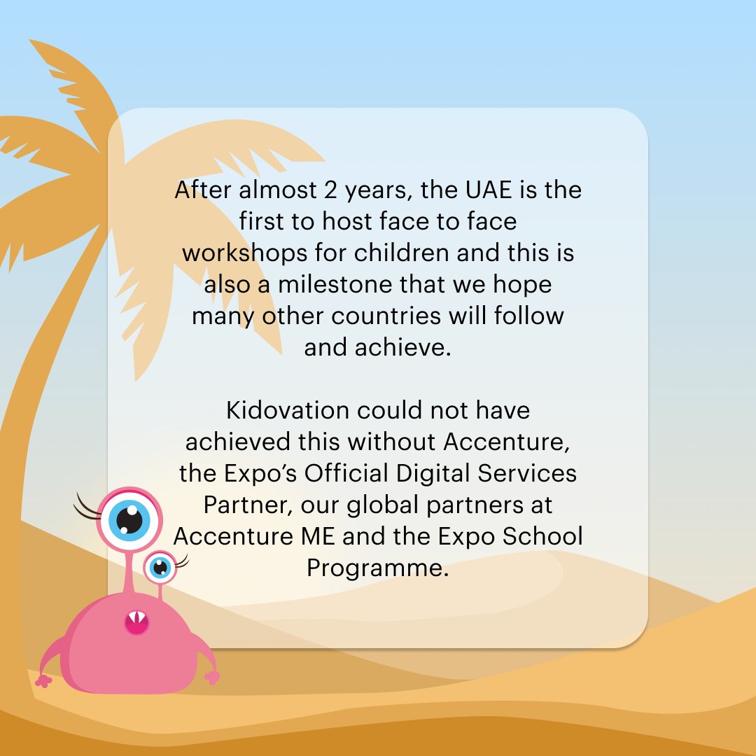 Did you know that Kidovation was at the Expo 2020 Dubai?! 🌍🏜️Find out below how we were involved and how we promoted our core Kidovation principles ✨

#Expo2020Dubai #GlobalGoals #ExpoSchoolProgramme  #ExpoGlobalGoals

<a href="/Accenture_ME/">Accenture Middle East</a> <a href="/Accenture/">Accenture</a>Active @Accenture <a href="/dubaiexpo2021/">Expo 2021 Dubai</a>