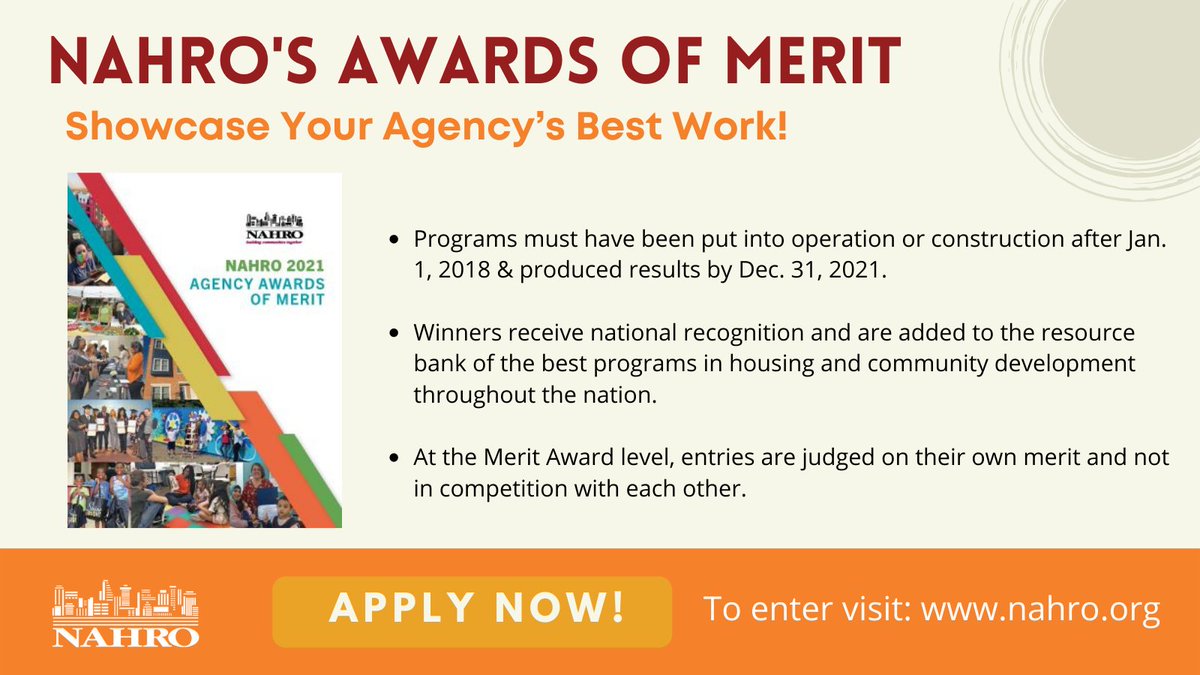 NAHROnational's tweet photo. Deadline is approaching to apply for NAHRO's #AwardsOfMerit! NAHRO members: help us celebrate your agency’s best and most creative projects in #AffordableHousing and #CommunityDevelopment! Learn more: https://t.co/9gtC3sKaHG https://t.co/rvYvgMqXAw