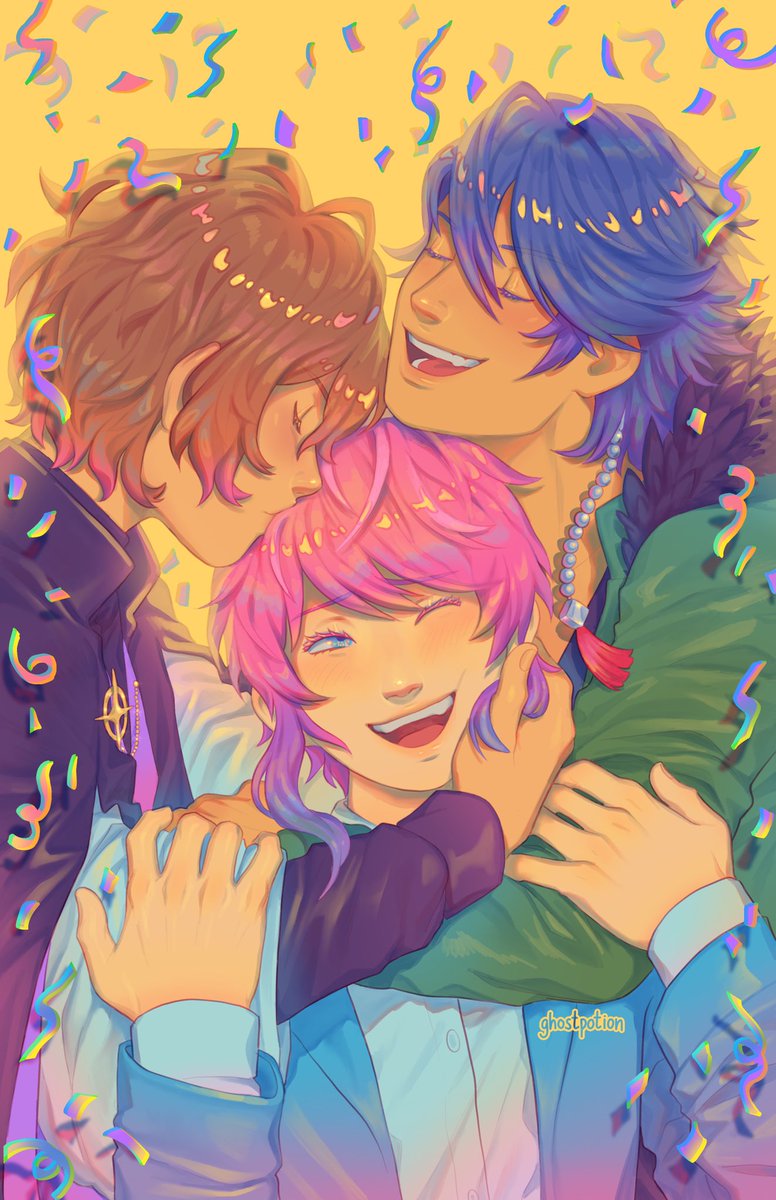 3boys multiple boys male focus pink hair smile one eye closed closed eyes  illustration images