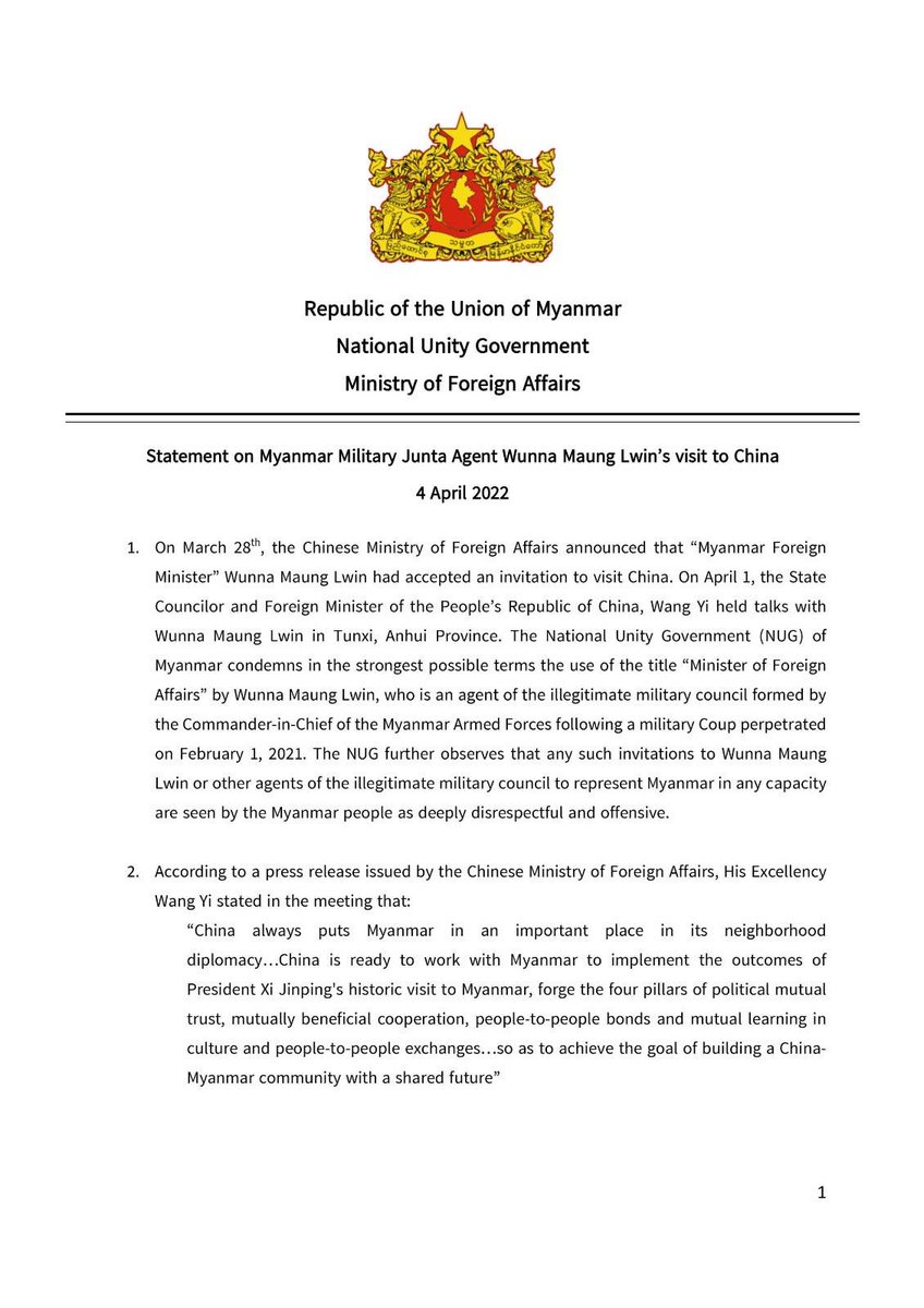 ZinMarAungNUG's tweet photo. @NUGMyanmar is deeply concerned about China’s recent effort to establish a partnership with Myanmar’s illegitimate and genocidal regime. Such efforts are seen by the #Myanmar people as deeply disrespectful and offensive. Read our full statement 👇 https://t.co/PYUh3rm82J