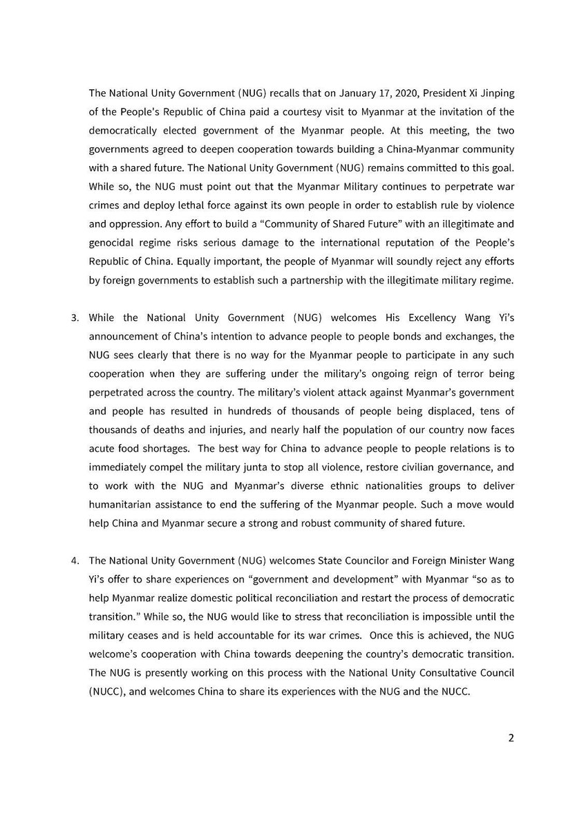 ZinMarAungNUG's tweet photo. @NUGMyanmar is deeply concerned about China’s recent effort to establish a partnership with Myanmar’s illegitimate and genocidal regime. Such efforts are seen by the #Myanmar people as deeply disrespectful and offensive. Read our full statement 👇 https://t.co/PYUh3rm82J