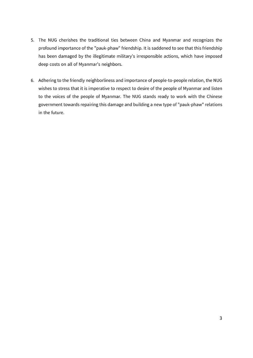 <a href="/NUGMyanmar/">National Unity Government Myanmar</a> is deeply concerned about China’s recent effort to establish a partnership with Myanmar’s illegitimate and genocidal regime. Such efforts are seen by the #Myanmar people as deeply disrespectful and offensive. Read our full statement 👇