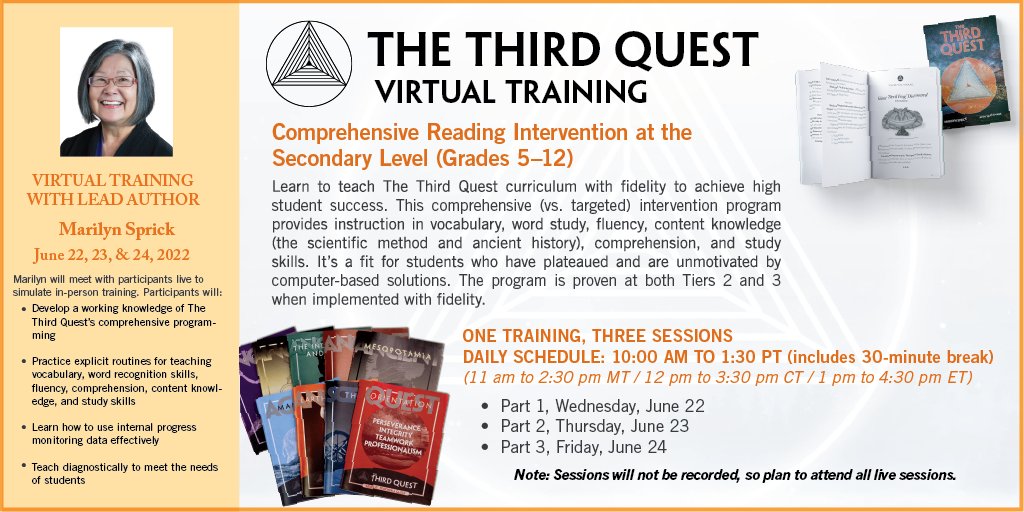 Join Marilyn Sprick for her annual summer training on The Third Quest. Results for fragile adolescent readers —"almost too good to believe.” To learn more: ancorapublishing.com/3QT #literacy #readingintervention #scienceof eading #MTSS