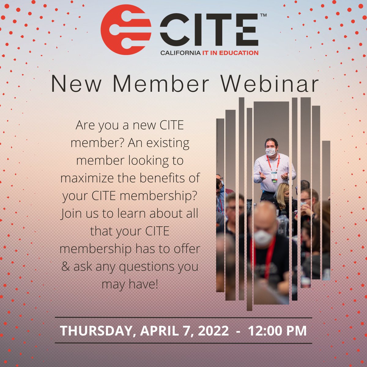 Don't miss our next New Member Webinar this Thursday! Whether you're a new CITE member, or long-time member looking to learn more about your benefits. Visit loom.ly/5OfEfUw to register!  #CITE_EDU #k12sysadmin #edtech #technology #newmember