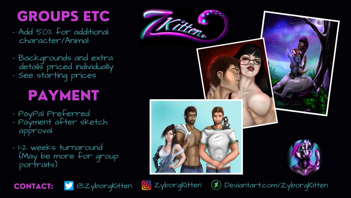 ZyborgKitten's tweet photo. I am now open for commissions💜
 
Please check out the various styles and prices below, as well as more examples in the comments.
Or PM me for more information or commission related questions💜

#commissions #commissionsopen #commisionart #ocart #ttrpgart #originalcharacter #art https://t.co/TkCO62g5Wv