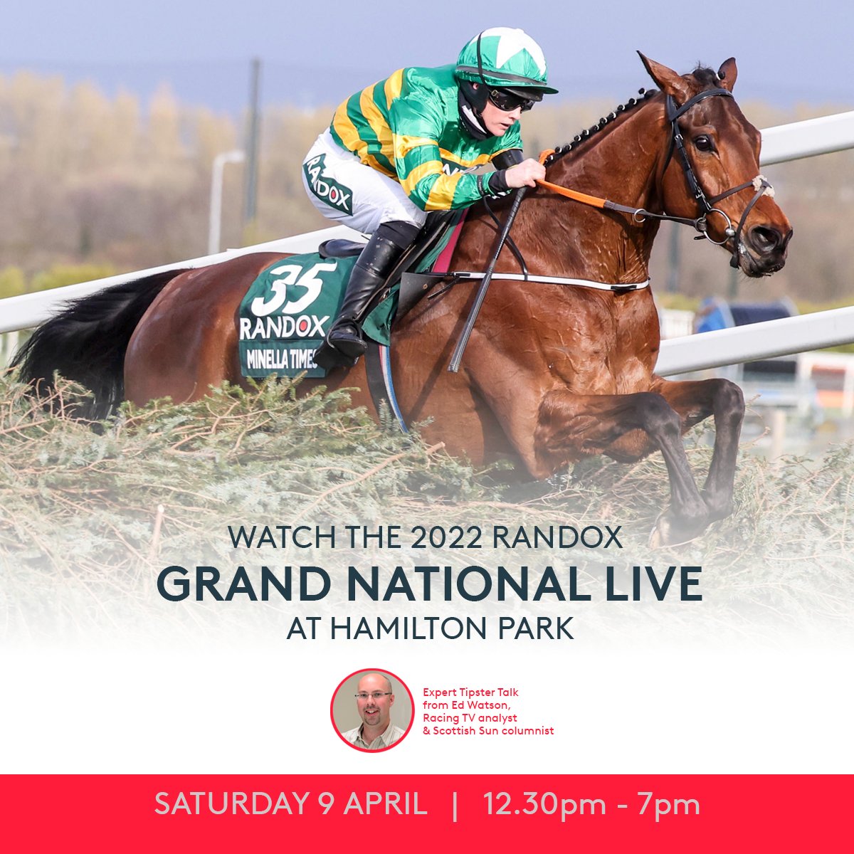 Watch the 2022 RANDOX GRAND NATIONAL LIVE at Hamilton Park 
Saturday 9 April |  12.30pm-7pm
Get together to watch the 2022 Randox Grand National live on our big screen TV! 
Tickets £6.00 👉 ow.ly/7ZbT50IxlyC
#HamiltonRaces #RandoxGrandNational #Aintree #2022GrandNational