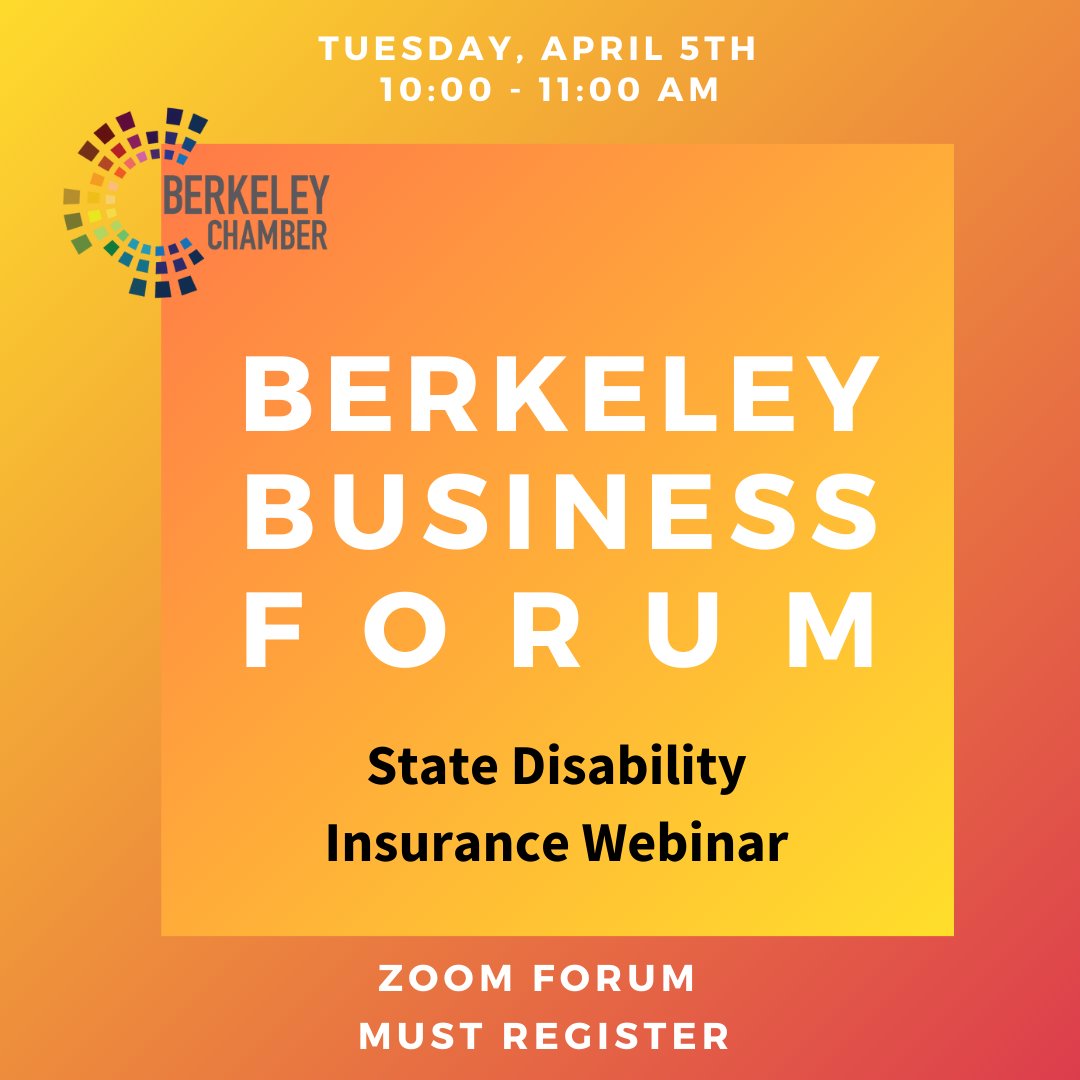 weBerkeley's tweet image. Join the Chamber as we host the EDD as they go over two important benefits.  State Disability Insurance is a partial, short-term, wage-replacement insurance plan for California workers administered by the EDD with two program components, Disability Insurance and Paid Family Leave