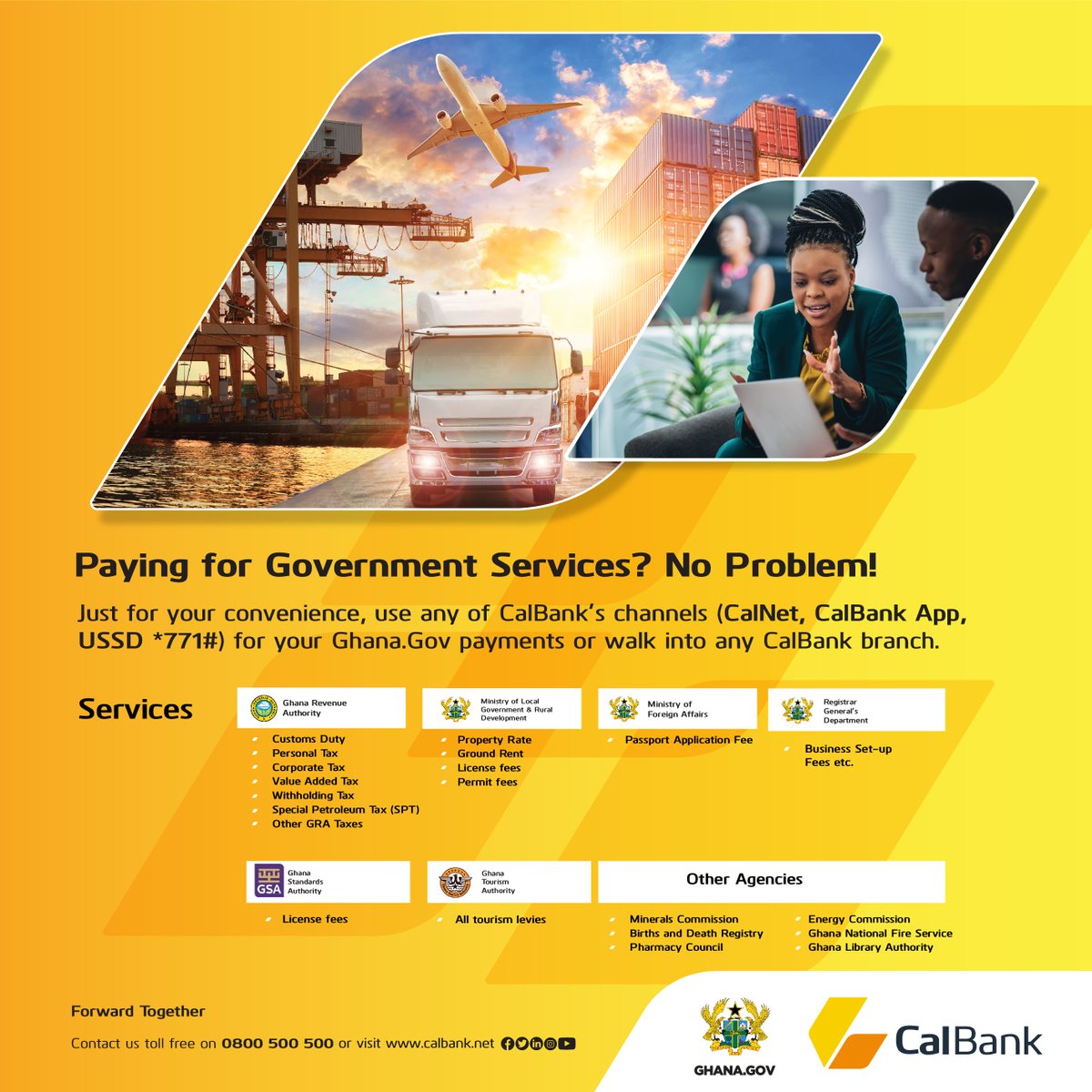 CalBankPLC's tweet photo. Conveniently pay your taxes, duties, levies and other payments due government at any CalBank Branch or via *771#, CalBank App or CalNet using the https://t.co/qy46THAHue platform. It's as easy as 1-2-3.
#Ghana.Gov #CalBank #CalNet #convenience #*771# #ForwardTogether https://t.co/tEOsj5mlJ6