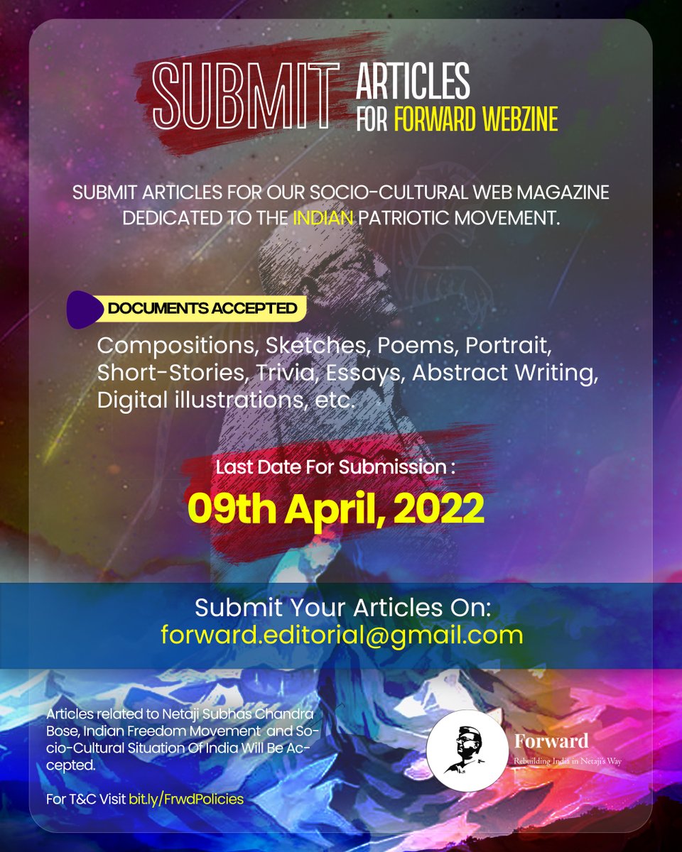 ForwardWebzine's tweet photo. We are accepting your poems, articles, photographs, write-ups, illustrations, and sketches on this focal point and on other subjects for our upcoming edition. 

Submit Your Articles On: forward.editorial@gmail.com 

Last Date Of Submission: 09th April 2022 https://t.co/wSerg9YwJD