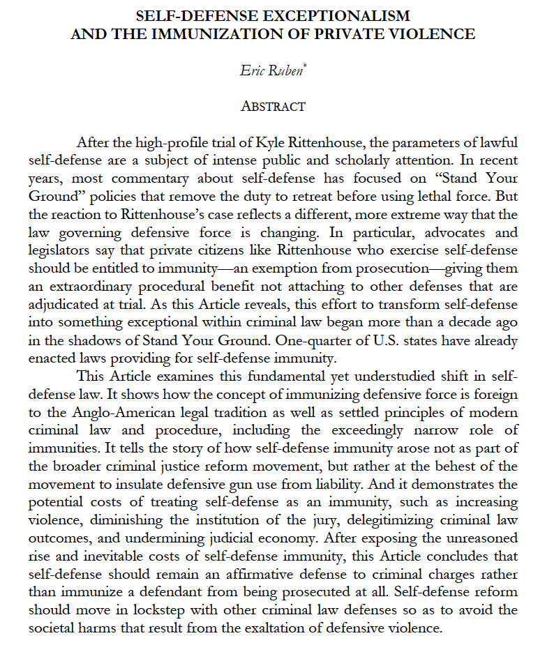 I'm thrilled to work with the editors at @SCalLRev to publish my next article, 'Self-Defense Exceptionalism and the Immunization of Private Violence.' Thanks to all who've provided comments thus far. Here's the abstract; I'll post a draft soon on SSRN!