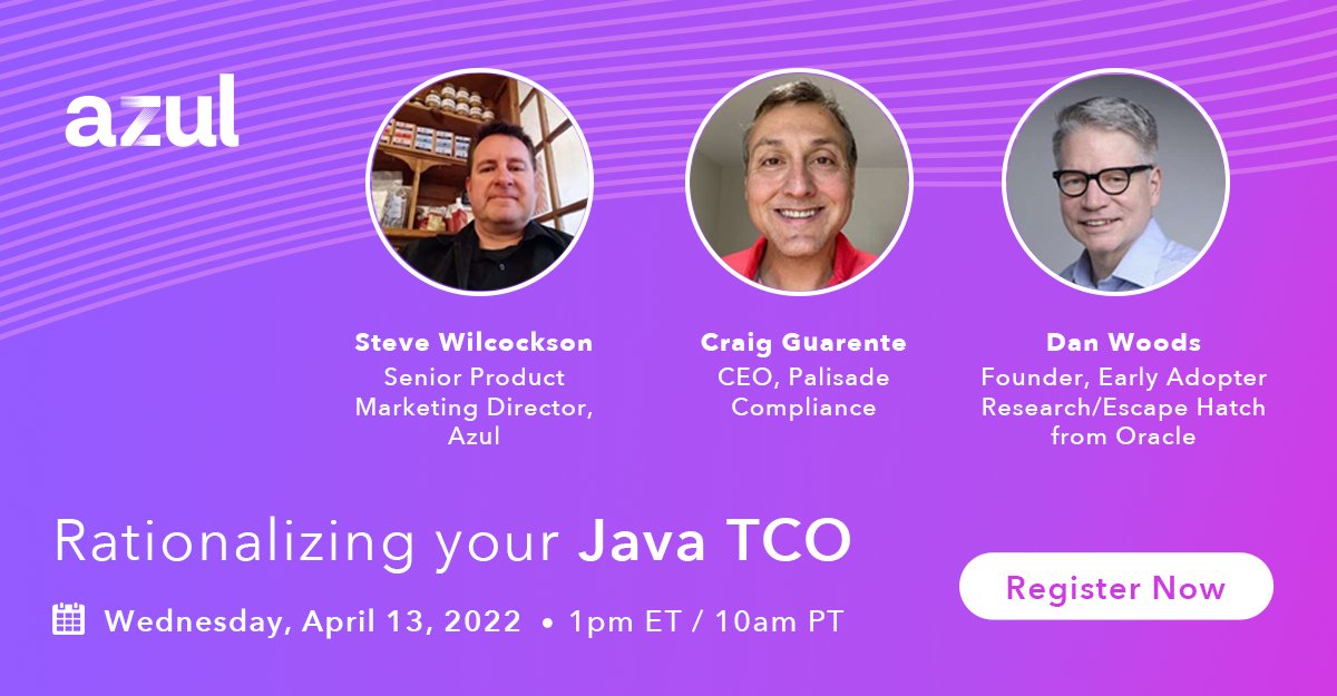 AzulSystems's tweet photo. Are you looking to reduce your Java licensing costs? Join Azul, @PalisadeAudit and @danwoodsearly for a live - and lively - webinar on best practices in renewing Java contracts.
Register here: https://t.co/ssEbX0PDpr
#Java #JavaTCO #Oraclelicensing https://t.co/UcECNeTQMb