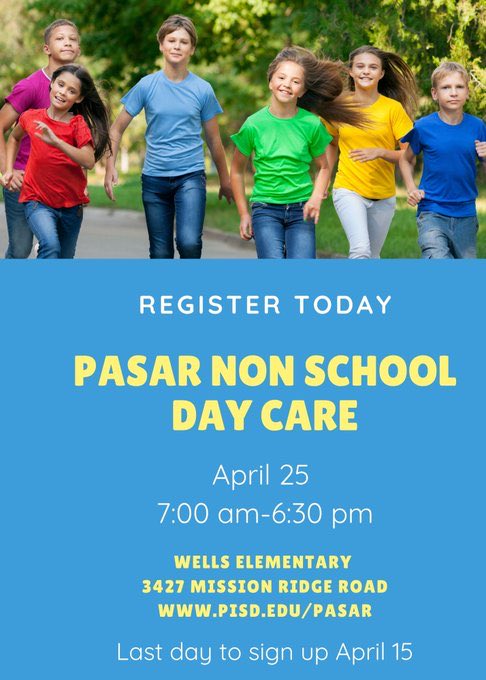 The last day to register for the April 25 Non-School Day care is Friday, April 15.  Sign your kids up and have them join the fun!!!