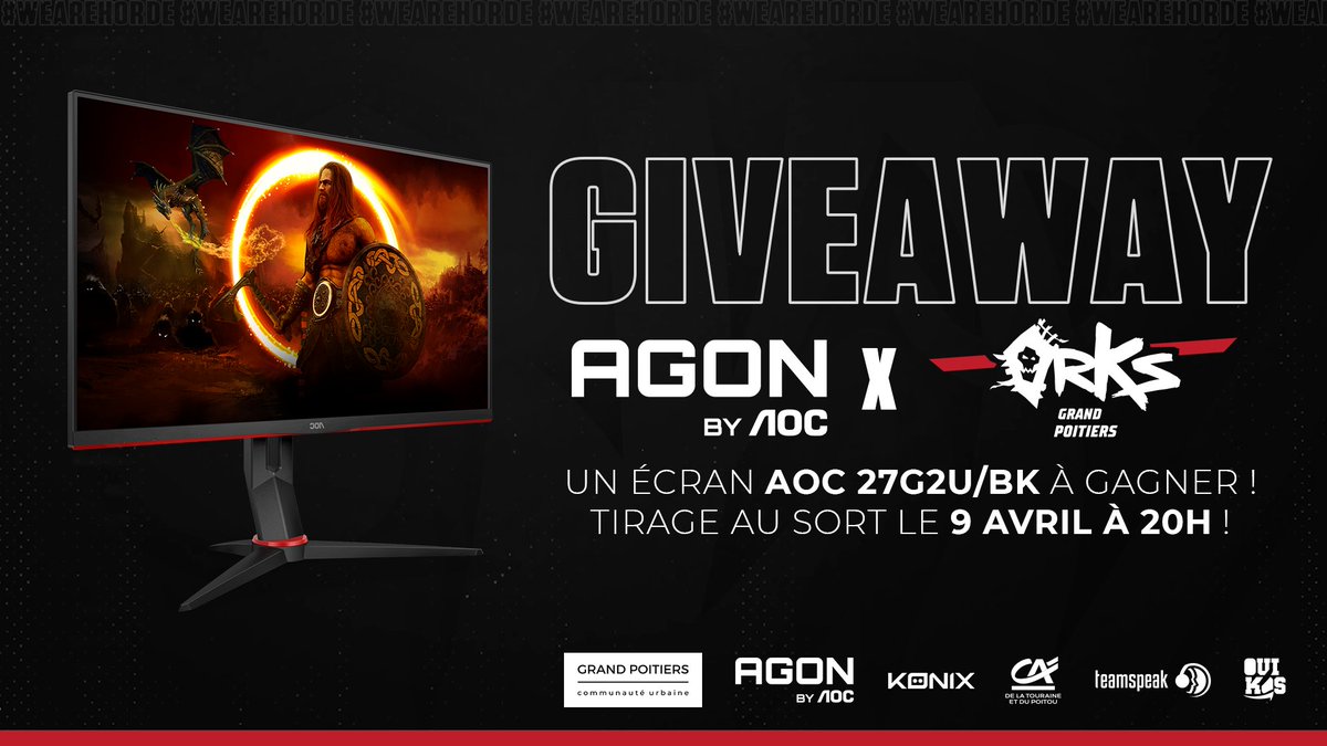 orKsGP's tweet photo. 🚨#GIVEAWAY🚨

La Horde sera présente sur le stand @AOC_Moniteurs pendant la @GamersAssembly pour jouer avec vous ! A cette occasion, on vous fait gagner un écran 27G2U/BK !😱

Pour participer au jeu #concours :
➡️Follow @AOC_Moniteurs et @orKsGP
🔁Retweet
🕐TAS 09/04/22 à 20h https://t.co/s9jD41meDd
