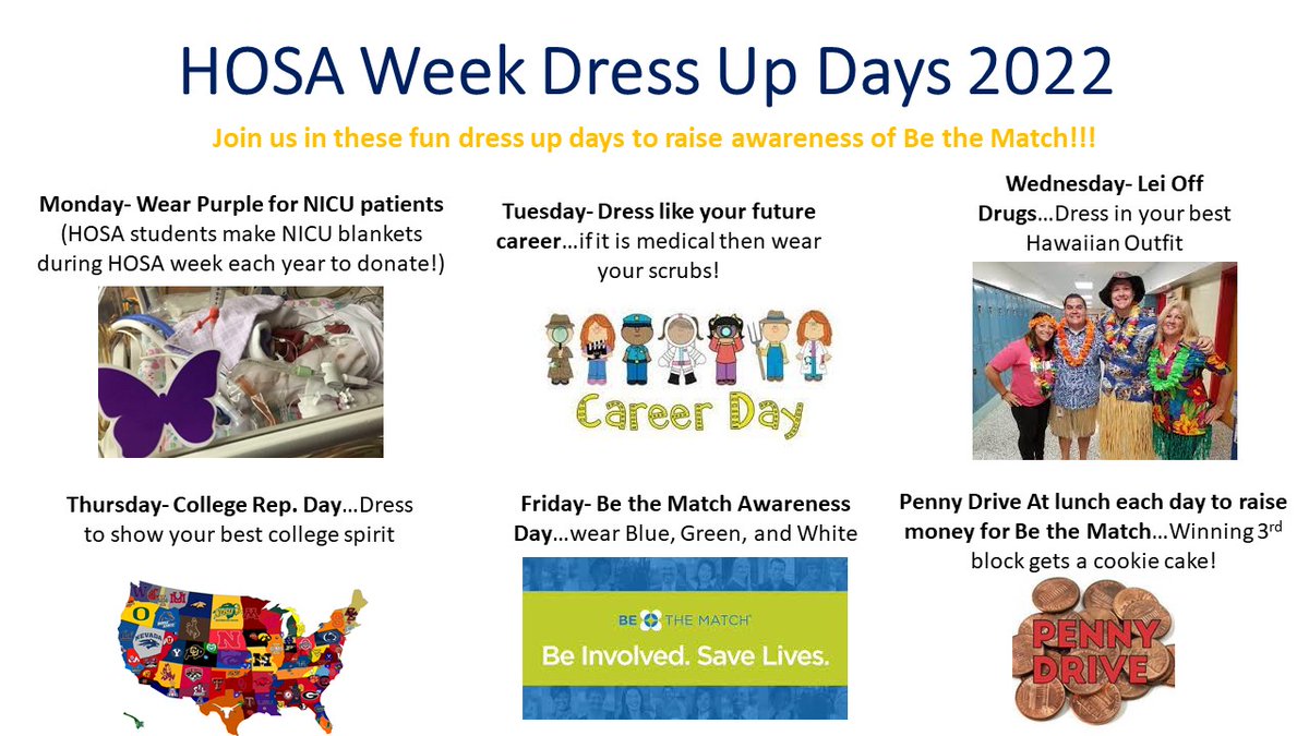 Buckhorn_High's tweet photo. It is HOSA week!!! Our HOSA students are raising awareness by organizing SCHOOL WIDE dress up days, lunch talks, and a penny/money drive through 3rd block classes with a cookie cake as the prize for the winning 3rd block! #HOSAweek https://t.co/pFHqq5vOQD