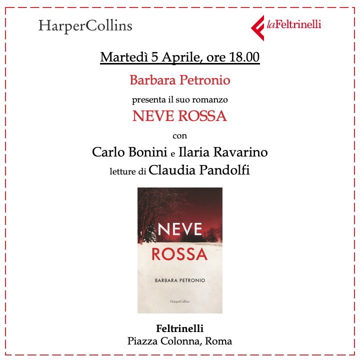 FridaSciolla's tweet photo. Domani a Roma, in anteprima, #neverossa di Barbara Petronio. Con ⁦@carlobonini⁩ ⁦@IRavarino⁩ e letture di Claudia Pandolfi. ⁦@LaFeltrinelli⁩ Galleria Alberto Sordi ⁦@harpercollinsIT⁩ https://t.co/z6ZQGekOdp