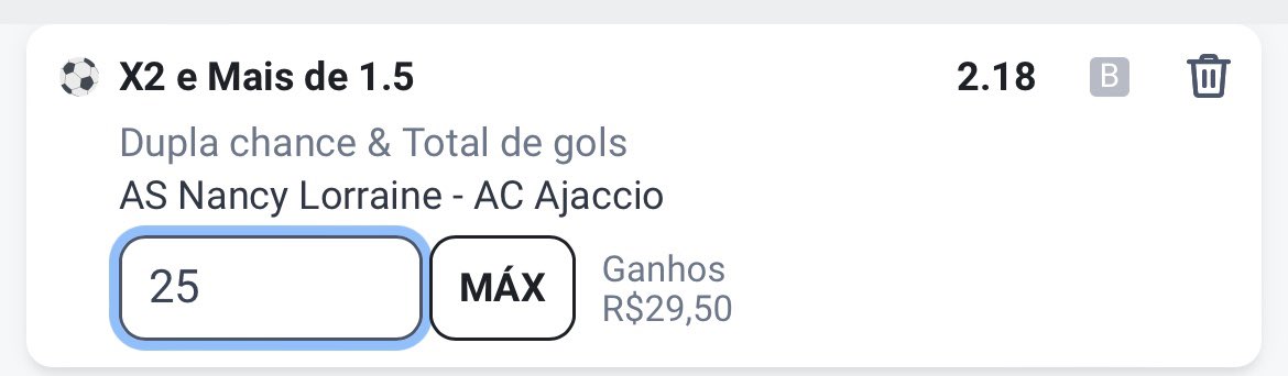 tipzada's tweet photo. 🔥🔥🔥🔥

⚽️ - 2ª div França 
⏰ - 15:45h
⚠️ - Nancy x Ajaccio 
🍀 - Ajaccio/empate +1,5 gols
📈 - Odd 2.18 (Betano)

#Futebol #Francês2 #Bet365 #Betano #Nancy #Ajaccio #Tipzada #Tips https://t.co/gWobzADGJ8