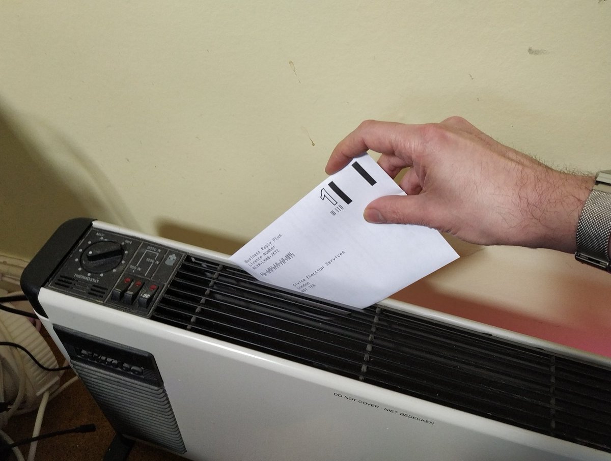 JamesBSumner's tweet photo. IMPORTANT: Does your #UCUstrike ballot-posting selfie look like one of these?

If so, you have put the envelope in an electrical appliance. This is a significant fire risk and means your vote WILL NOT COUNT unless you take it out and put it in a post box by Wednesday morning. https://t.co/fgcs40SHUy