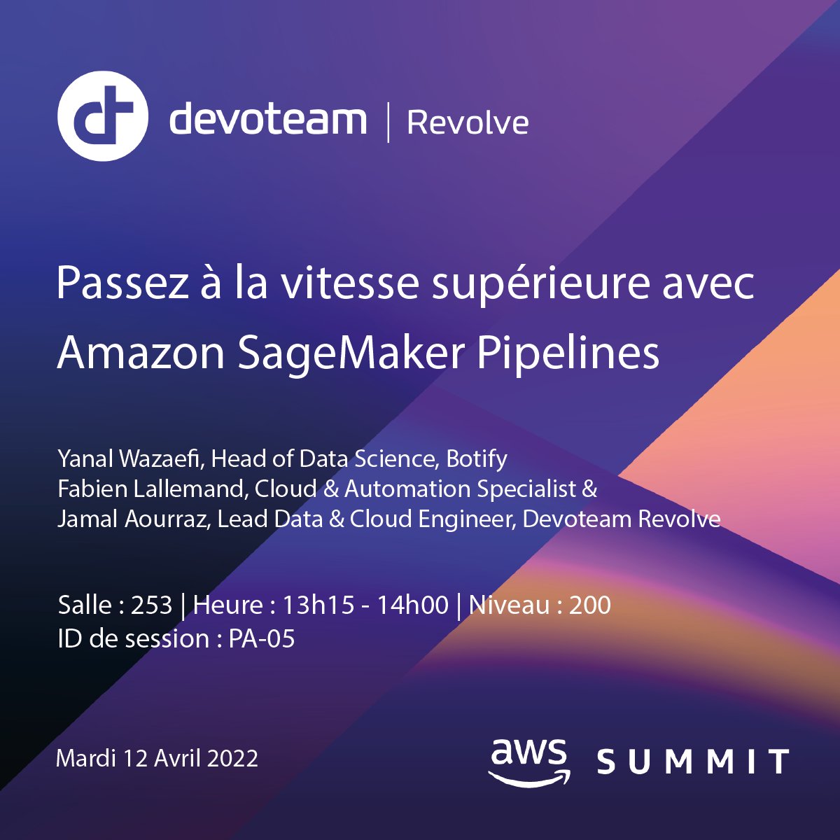 DevoteamRevolve's tweet image. [#AWSSummit2022] 📅RDV Mardi 12 Avril 
Assistez à notre talk avec @Botify  à 13h15 pendant lequel nous échangerons sur comment #automatiser et gérer des flux de travail de #ML de bout en bout à l'échelle en utilisant #amazonsagemaker !

➡️aws.amazon.com/fr/events/summ…
#cicd #cloud #aws