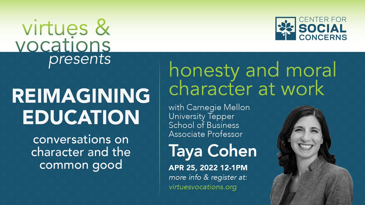 On Monday April 25 at noon, we are thrilled to welcome Tepper School of Business Associate Professor Taya Cohen for a conversation on honesty &amp; moral character at work. There will be time for audience questions. Register: duke.zoom.us/webinar/regist…
