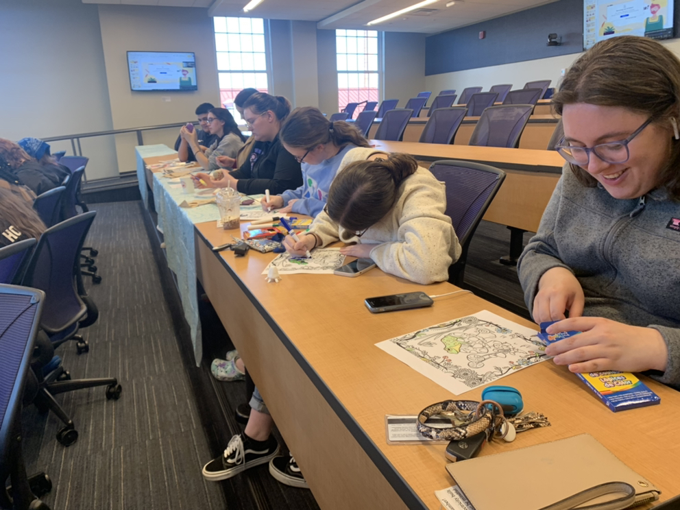 PSP_Longwood's tweet photo. The Tripod event was in full swing with the Longwood community, initiates, and brothers as they de-stressed from classes with coloring pages, expressing creativity in worry warts, painting pet rocks, and managing stress presentation. We had a great turnout! 🖍🎨🪨 https://t.co/j8UNYMhJEq