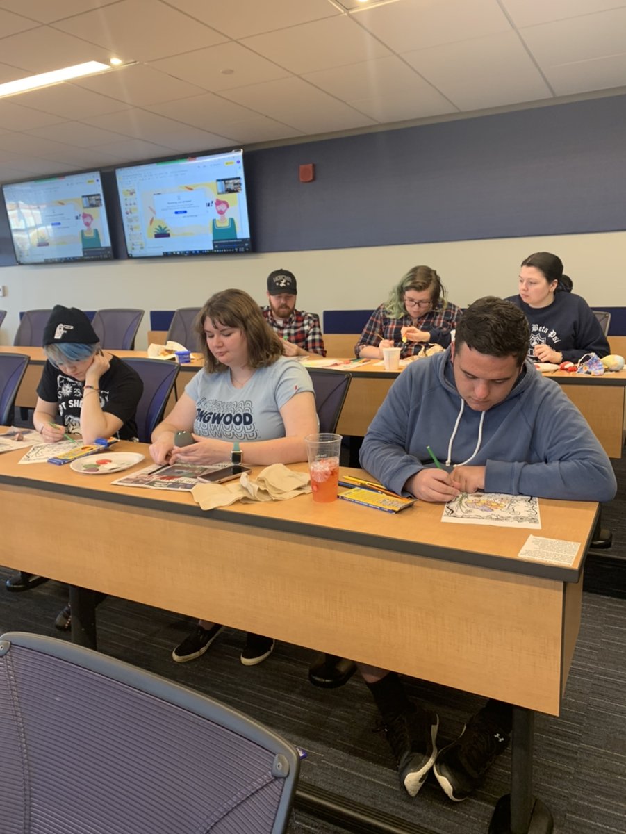 PSP_Longwood's tweet photo. The Tripod event was in full swing with the Longwood community, initiates, and brothers as they de-stressed from classes with coloring pages, expressing creativity in worry warts, painting pet rocks, and managing stress presentation. We had a great turnout! 🖍🎨🪨 https://t.co/j8UNYMhJEq