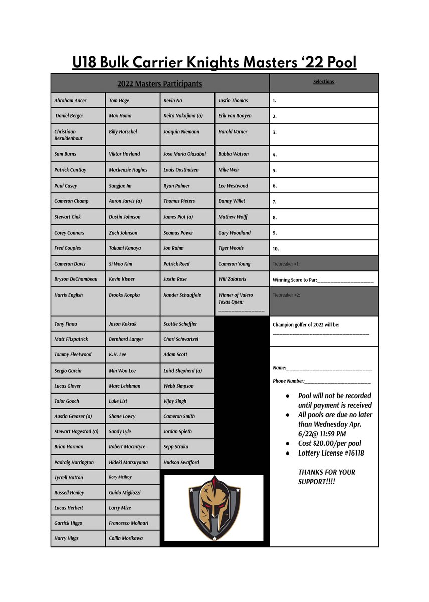 chtownknights's tweet photo. A big thank-you to @chis33 for running the Knights Masters Pool for us once again this year.

Below, you can find the official pool ballot to complete and submit to chizzy33@gmail.com by 11:59 p.m. on Wednesday!

Follow the pool scores here! https://t.co/m2W6fJPmoT https://t.co/4sg4aJeqB0