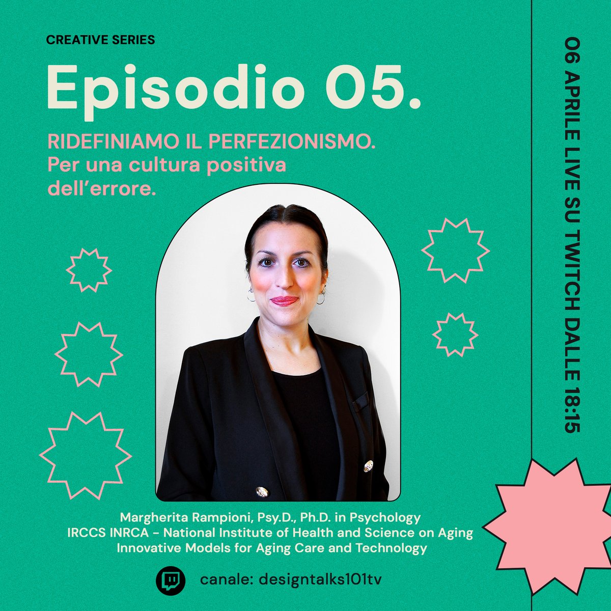 Questo mercoledì, #creativeseries torna la live su @twitch con Margherita Rampioni ospite. Parleremo di perfezionismo e di una cultura positiva dell'errore.