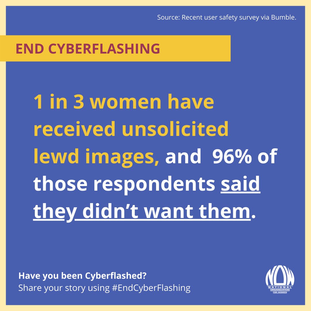 NOW_NYC's tweet photo. 1 in 3 women have received unsolicited, lewd images via text, email, DM or airdrop.
We are working to #EndCyberflashing and make the internet a safer space with help from @bumble. Share your experience with cyberflashing below. https://t.co/ogqRb1xNGz