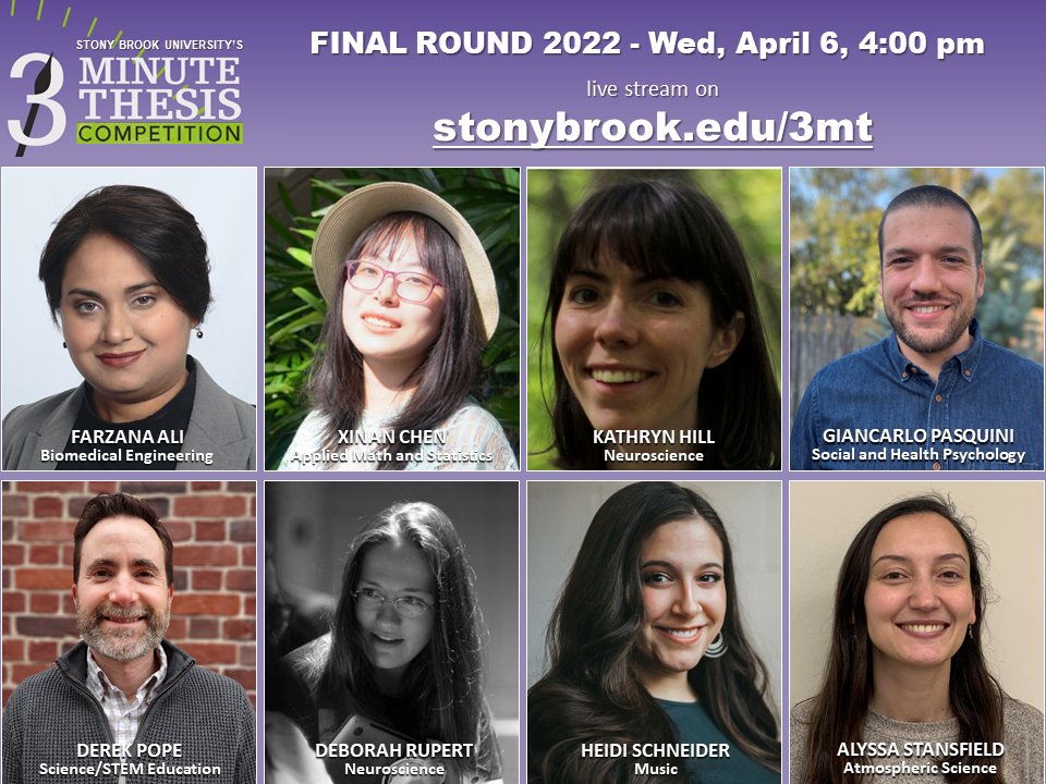 SBUGradProfDev's tweet photo. 25 @stonybrooku doctoral students crafted THREE MINUTE talks on their dissertation scholarship
Only 8 finalists remain! 

Watch the final round livestream
https://t.co/ezlWDRWbZH 
Wed Apr 6 4pm

and VOTE for People's Choice!

#3mt #scicomm #researchcomm 
@GradSBU @AlfredaJames3 https://t.co/p7w1wV7OVG