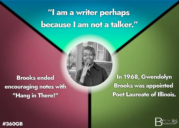 BrooksPermits's tweet photo. Welcome to the #360GB Experience. Every week, we'll be sharing interesting #facts, #quotes &amp; information you may not have known about #GwendolynBrooks

Interested in more? Visit https://t.co/ZOZ6EpjVOT!

#WritingCommunity #Writer #poetry #BlackWomen #BlackHistory #writerslife https://t.co/lZHunwmQ1B