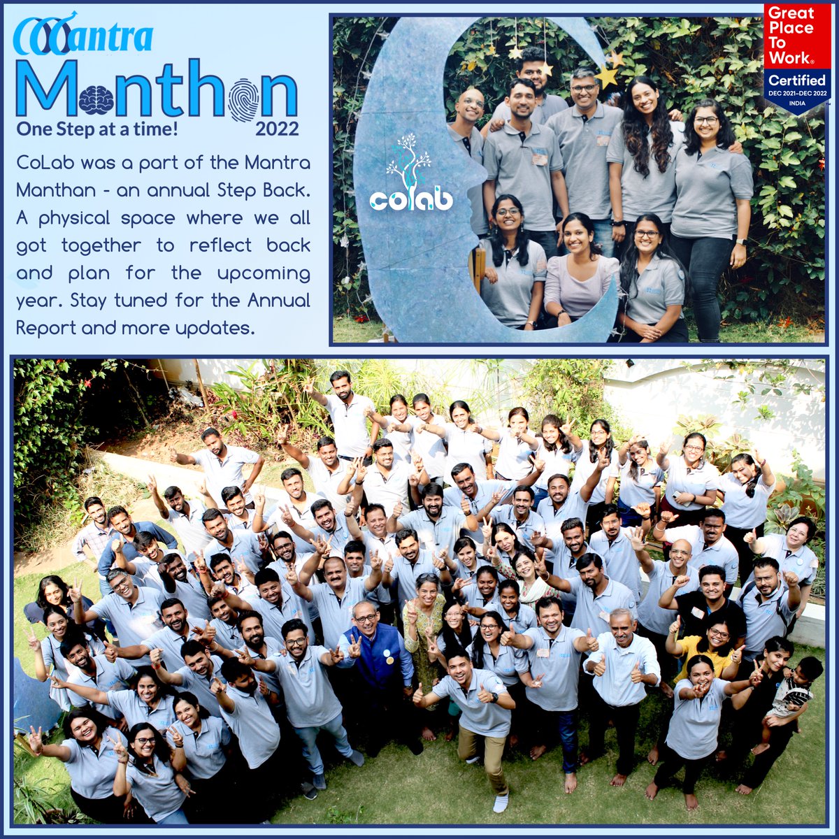 CoLab_Global's tweet photo. CoLab was a part of the #MantraManthan2022 meeting for first time post pandemic. Reflected together as a team and strategised our goals for the upcoming year. Stay tuned for the Annual Report and more updates.
#CoLabGlobal https://t.co/Amhqs0im9n