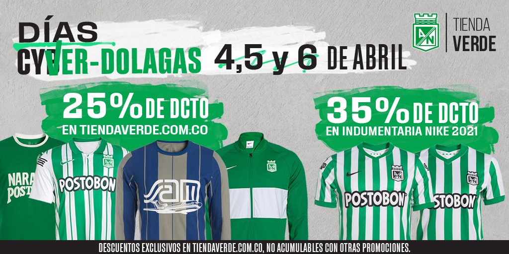 Atlético Nacional on Twitter: Cyverdolaga este 4, 5 y 6 de abril en nuestra Tienda Verde virtual https://t.co/IHdhHm4rOA⚠️ Aprovecha descuentos hasta del 35% en productos 🤑💸🟢⚪ https://t.co/TrVZhSIvKe" / Twitter