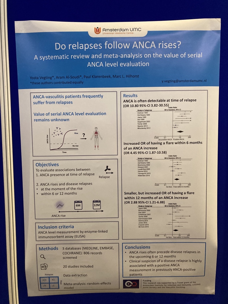 MaineAnjouReg's tweet photo. Y. Vegting and @HilhorstMarc updated this 2012 meta-analysis (ELISA only, whereas Tomasson included also IIF for ANCA detection). While still suffering from heterogeneity, this study reinforces the idea that ANCA rises do precede relapses #Vasculitis22 2/x https://t.co/d1Sc2fL3uH