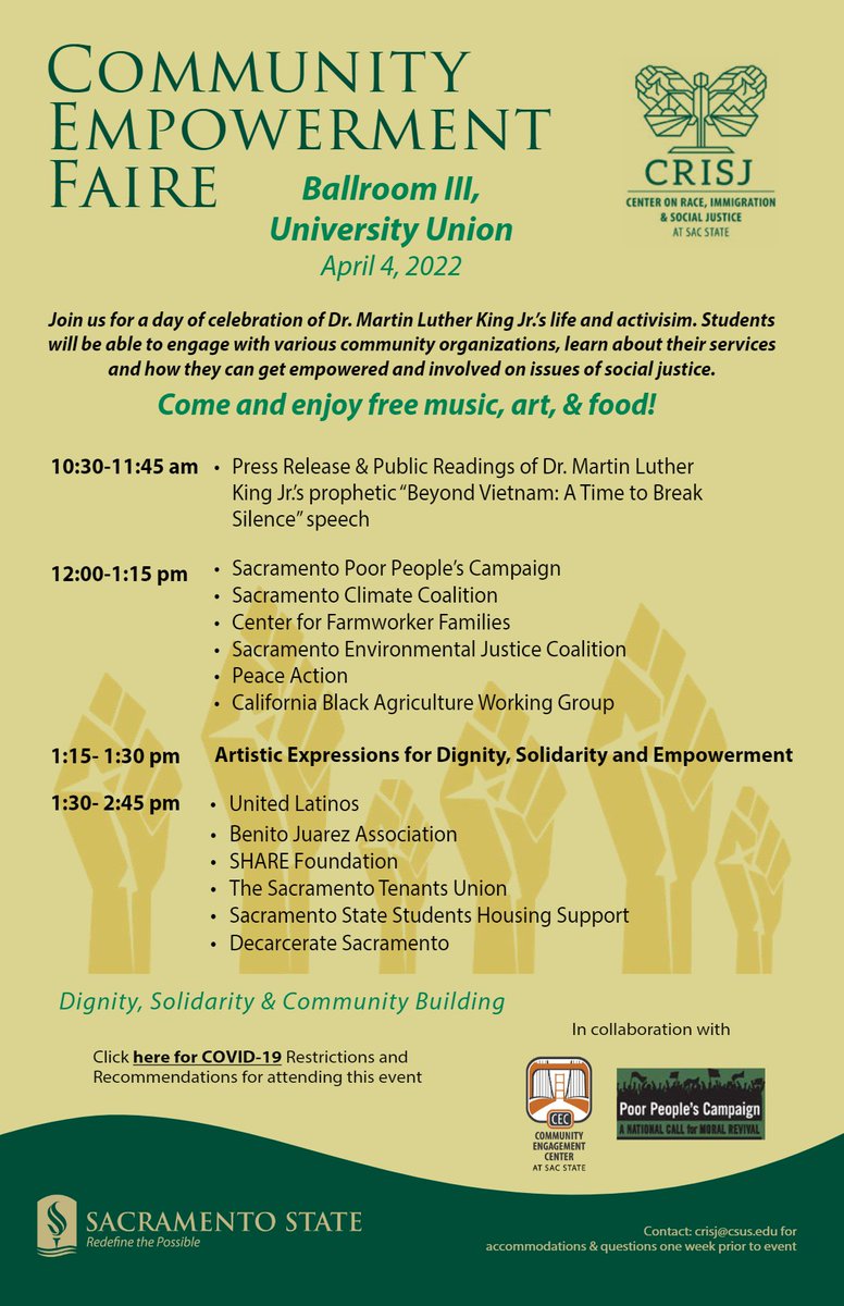 CEC has partnered to provide assistance to CRISJ for hosting the Community Engagement Faire. Please join us in the Ballroom III, Community Union from 10:30 am to 2:45 pm.
