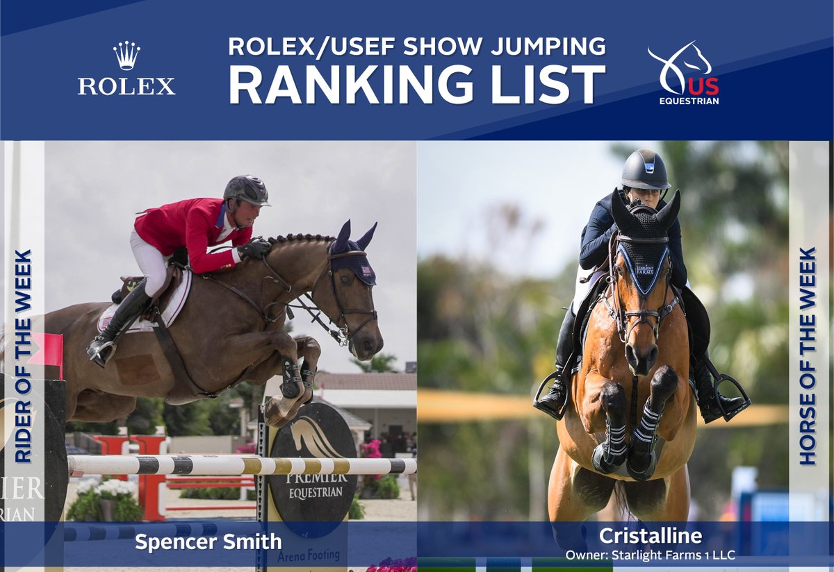 USequestrian's tweet photo. Spencer Smith and Cristalline (Cristallo &amp; x Mona Lisa, Caretello B) are your rider and horse of the week after top placings at WEF Week 11 in Wellington, FL! #USAJumping
 
View the full @ROLEX/USEF Show Jumping Ranking List:
https://t.co/CNjh73RYCo https://t.co/5vzkZm6feM