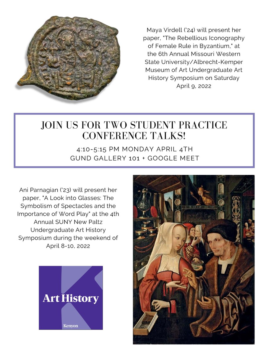 KenyonClassics's tweet photo. This afternoon, come support friend of @KenyonClassics Ani Parnagian '23 &amp; Maya Virdell (Major '24) as they give a sneak preview of their upcoming conference papers.  @KenyonARHS @KenyonCollege. https://t.co/rkVLKmOqoC