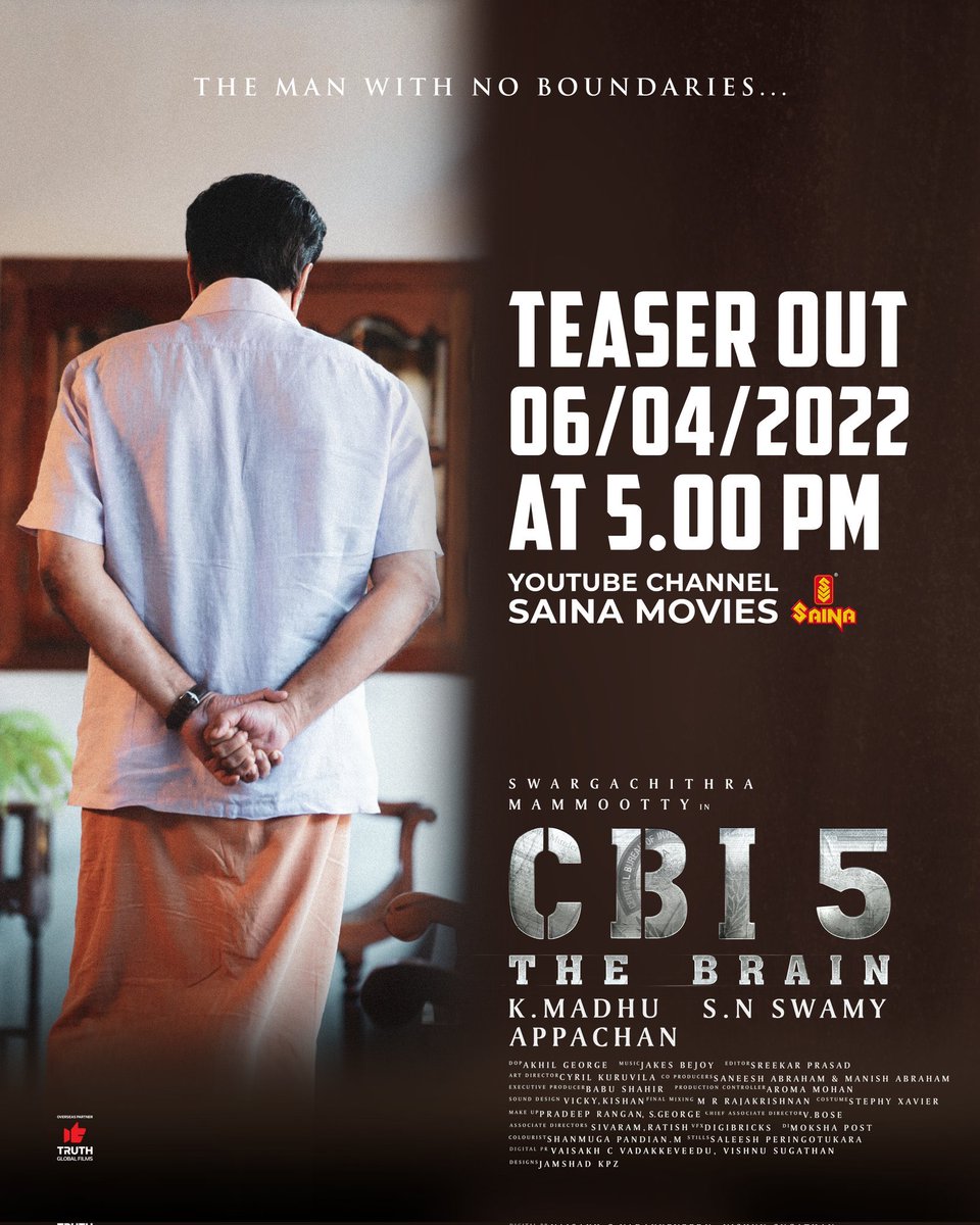sri50's tweet photo. #CBI5TheBrain Official Teaser of @mammukka investigation thriller Releasing on April 6 , 2022 at 5 pm https://t.co/7tdLd5lxiR