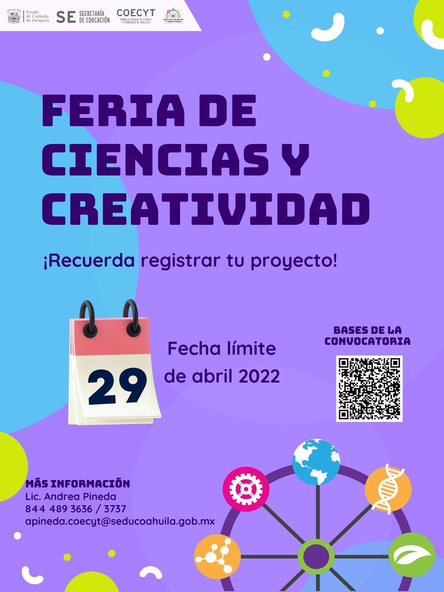 coecytcoahuila's tweet photo. #FCYC | ๐ก Feria de Ciencias y Creatividad ๐ฌ๐ญ๐งฌ๐งช
๐ Recuerda registrar tu proyecto antes del 29 de abril.
๐ง๐ฆ Dirigido a Primaria y Secundaria.
โก๏ธ Convocatoria: https://t.co/mthWTPxZ7T
๐ Regรญstrate: https://t.co/Le44u8Ywv8
@GobDeCoahuila @SEducacionCoah @vmario_garza https://t.co/JFS0q50wqr