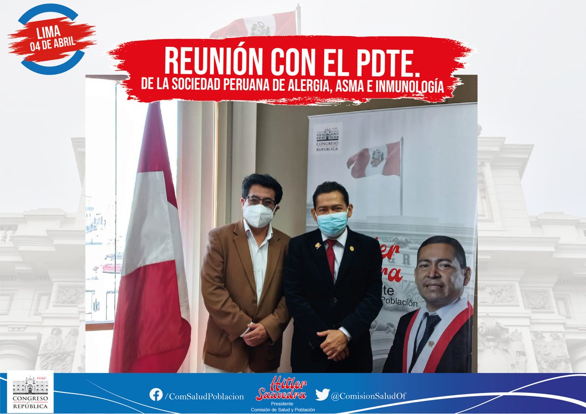 CDescentraliza's tweet photo. #Noticias|
El presidente de la @ComisionSaludOf @HitlerSaavedra se reunió con el Dr. Edgar Matos Bernavides, presidente de la Sociedad Peruana de Alergia, Asma e Inmunología, en la cual las enfermedades #NoCovid19 se dejaron de lado. 
Hay que trabajar por la salud en general. https://t.co/ykoQLa9S2q