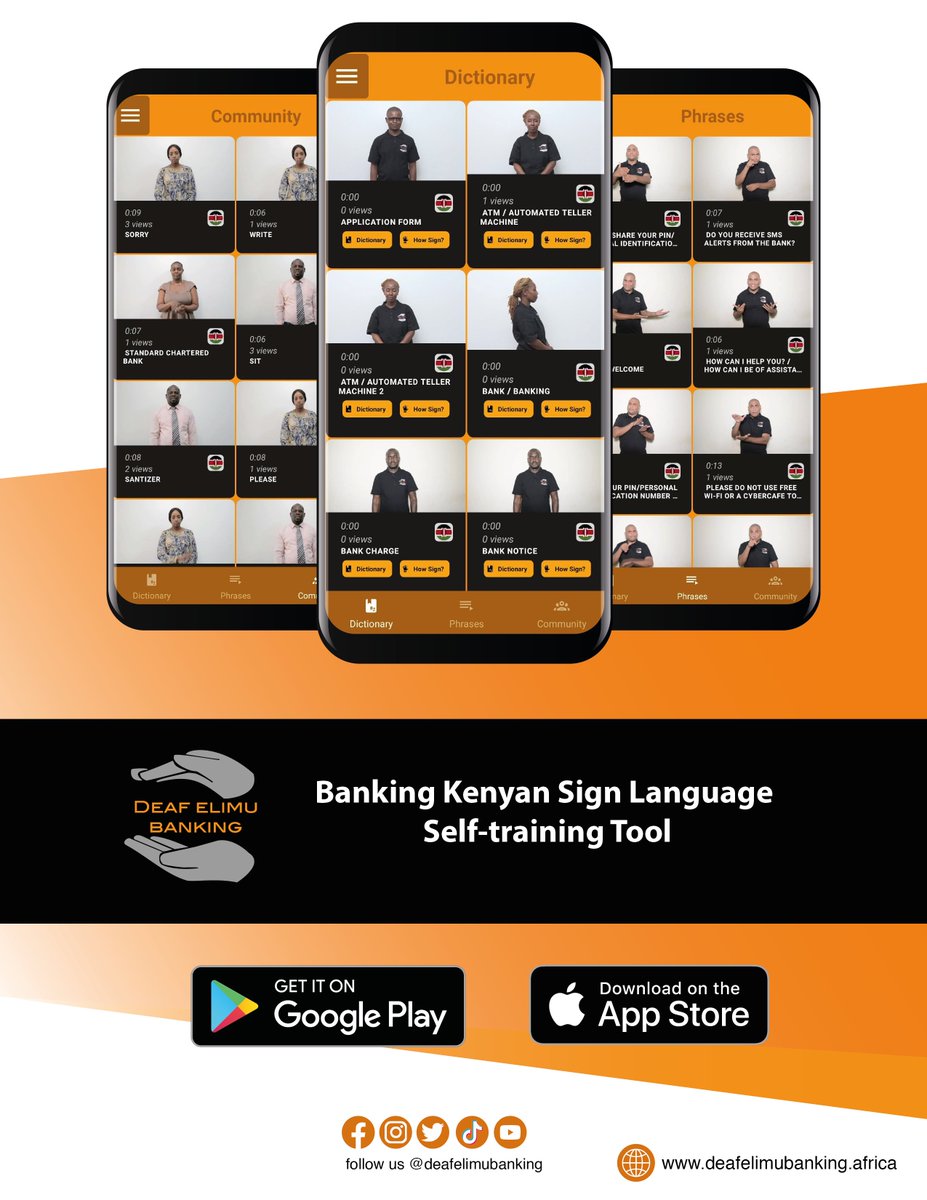 KenyaBankers's tweet photo. DO YOU SIGN?
Bank staff are now learning Kenyan Sign Language (KSL) to serve you better.
Download the @DeafeLimuBank  bank-environment KSL self-training App  at https://t.co/zLRe5yX10J to view the vocabulary they are learning...
#DeafElimuBanking #A11YFinance https://t.co/06VGR2Zq4C