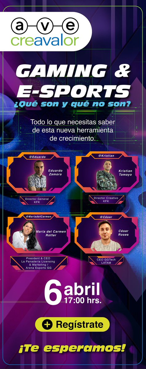 MelMxPro's tweet photo. Este 6 de abril acompáñenos al webinar GAMING &amp; E-SPORTS ¿Qué son y qué nos son? que imparte la Alianza por el Valor Estratégico de las Marcas (AVE).

Regístrate en: https://t.co/ZlAj22FgTT

Es hora de poner a tu marca a jugar en serio.
#esports #gaming #somosgamers #webinar https://t.co/61AK3BlWlo