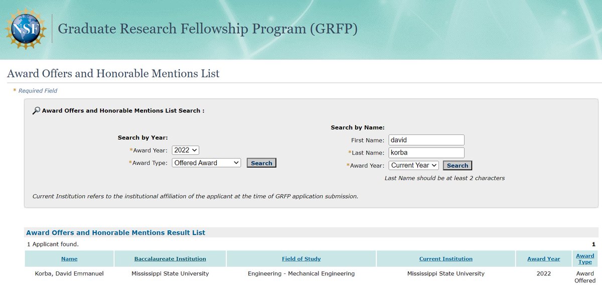 Super happy to share that PhD student David Korba in my group was awarded the 2022 NSF GRFP fellowship. <a href="/NSF/">U.S. National Science Foundation</a> <a href="/me_msstate/">Michael W. Hall School of Mechanical Engineering</a> <a href="/MSUEngineering/">Bagley College of Engineering</a>  <a href="/CAVS_MSSTATE/">Center for Advanced Vehicular Systems - CAVS</a> <a href="/msstate/">Mississippi State</a>